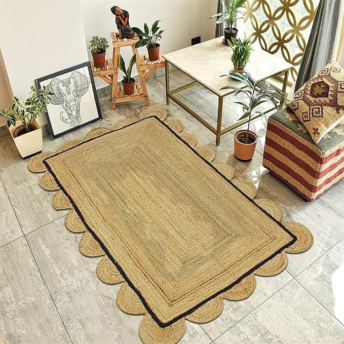 Scalloped Edge Rug, Hand Woven Natural Jute Area Rug, 8x10 Ft Beige & Black Braided Sisal Kilim Rugs for Living Room, Kitchen, Entryway, Farmhouse