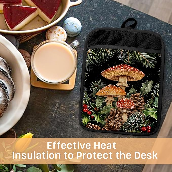 Dark Cottagecore Mushroom Pot Holders with Pockets, Vintage Botanical Floral Forest Mushroom Cottage Core Oven Pot Holders Heat Resistant Oven Mitts Hot Pads for Kitchen Baking Cooking