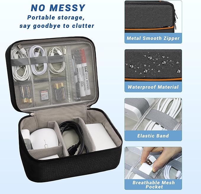 Miavers Electronics Organizer,Travel Cord Organizer Pouch, Portable Cable Organizer Bags, Waterproof Electronic Accessories Storage Case for Cables, Cords, Charger, Phone (Double Layer-Black)