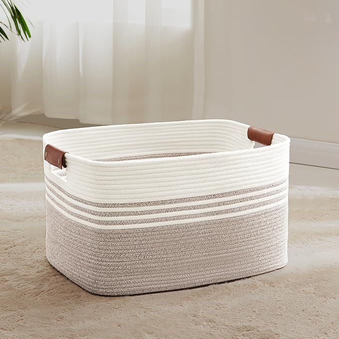 SunNewt 60L Large Laundry Basket with Leather Handles for Living Room Storage, Woven Rope Baskets Bin for Blanket, Kids Toy, Gifts, Wicker Hamper for Bedroom Dirty Clothes, White Brown