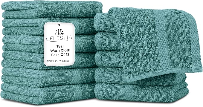 Villa Celestia 100% Cotton Wash Cloth for face & Body Set of 12, (12 x 12 inches) Sustainable, Soft, Highly Absorbent, Combed Cotton Wash Cloths Pack of 12 for Hotels, Spa, Bathroom, Dorm, Teal