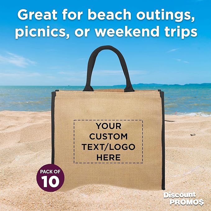 DISCOUNT PROMOS Custom Fresno Eco Friendly Jute Tote Bags Set of 10, Personalized Bulk Pack - Reusable, Great for Tradeshows, Grocery, Shopping and Outdoor Events - Black