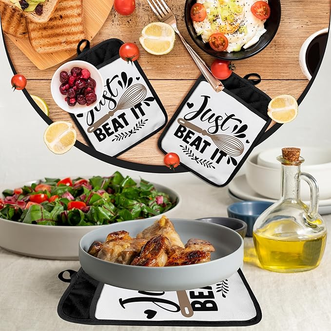 Funny Pot Holders with Pockets, Just Beat It Funny Baking Gifts Pot Holders Heat Resistant Oven Mitts Hot Pads for Kitchen Baking Cooking, Gifts for Baker,Potholders for Kitchens