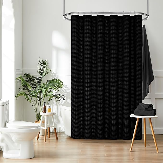 Indecor Home Luxury Waffle Weave Shower Curtain Elegant Hotel Style Fabric for Bathroom, Water Repellent, Machine Washable Black Waffle