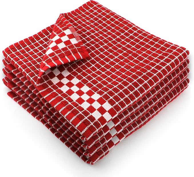 Fecido Classic Dark Kitchen Dish Towels with Hanging Loop - Heavy Duty Absorbent Dish Clothes - European Made 100% Cotton Tea Towels - Set of 4, Red