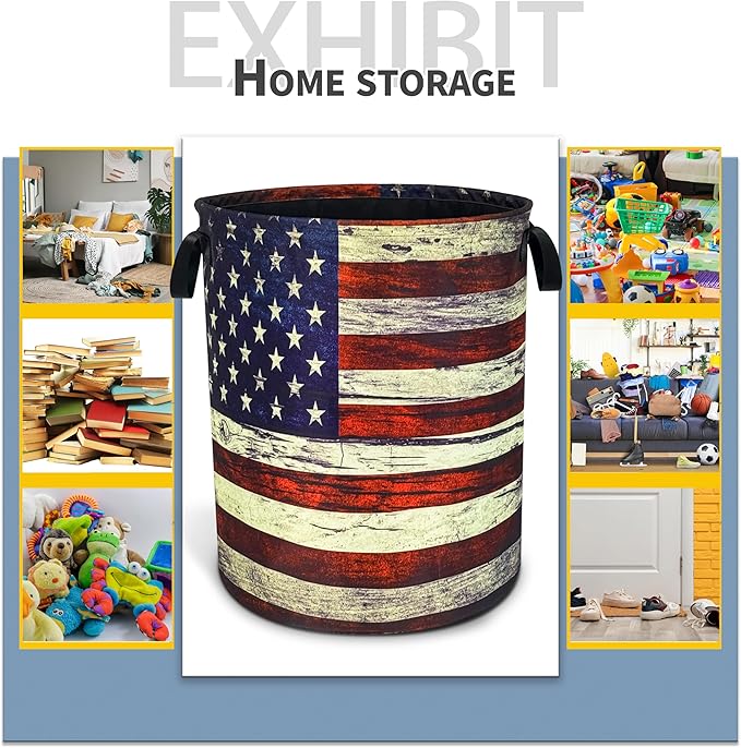NUTAINLA Retro American Flag Laundry Basket Patriotic Foldable Oxford Cloth Funny Tote Bag Laundry Hamper Clothes Storage Bucket Toy Organizer For Bathroom/Laundry Storage/Bedroom 18.9x16.5 Inch