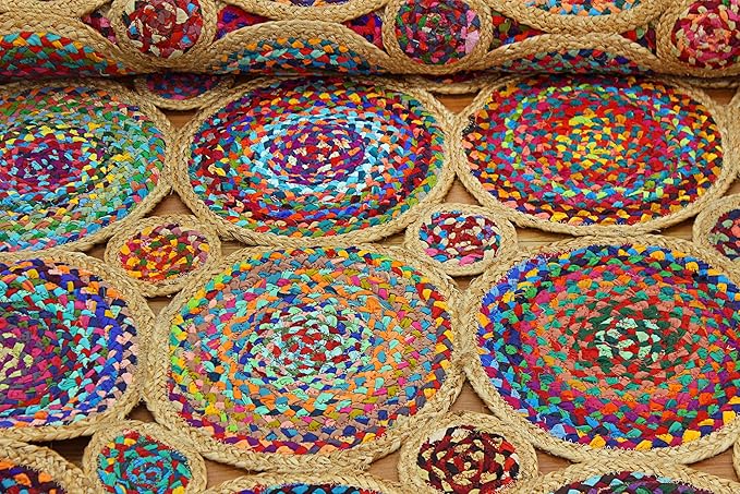 Scalloped Edge Rug, Natural Chindi Cotton and Jute Area Rug, 3x3 Ft Square Beige & Multicolor Hand Woven Kilim Rugs for Living Room, Kitchen, Entryway, Farmhouse