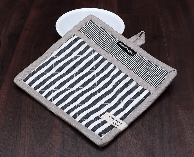 AMOUR INFINI Pot Holders Heat Resistant Cotton Set of 3 Nonslip 8"x8" Inch Hot Pads for Kitchen, BBQ, Baking & Cooking with Hanging Loops (Stripe Charcoal)