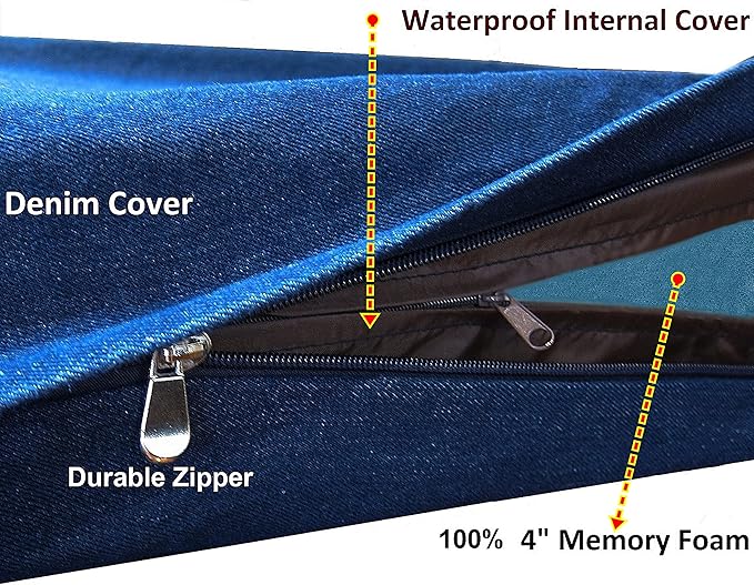 Dogbed4less Large Orthopedic Memory Foam Dog Bed for Medium to Large Dogs with Durable Waterproof Internal Case, Removable Washable Denim Cover + Bonus Pet Bed Cover, 41X27X4 Fit 42X28 Dog Crate, Blue