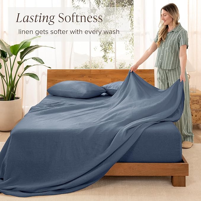 Bare Home California King Sheet Set - Luxury 100% European Linen - Deep Pockets - Easy Fit - 4 Piece Set - Bedding Sheets & Pillowcases (California King, Indigo)