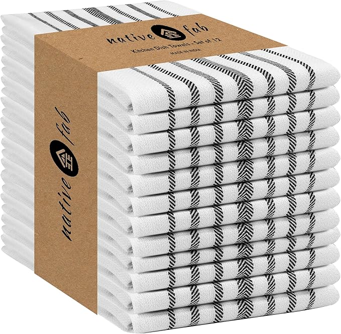 Native Fab Black Stripe Kitchen Towels 12 Pack Herringbone Scandia Weave 16"x26" - Super Absorbent Cotton Dish Towels, Multi Purpose Quick Dry Kitchen Washcloths with Loop - Black White