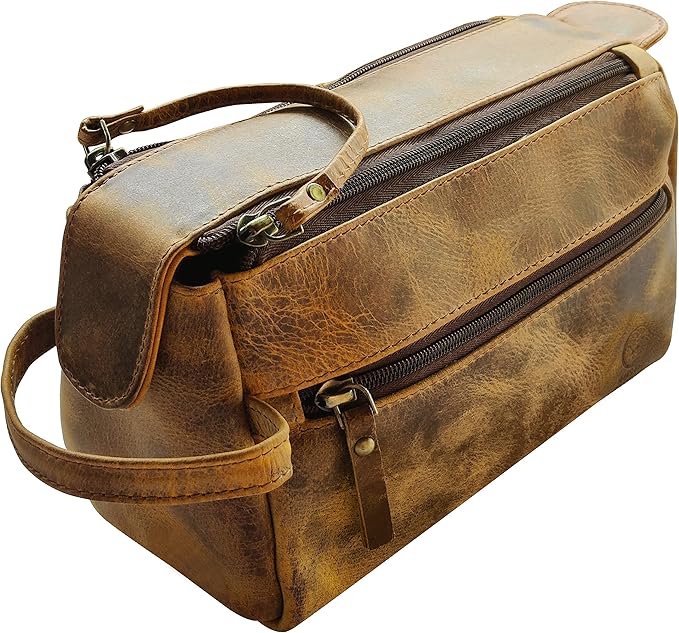 Rustic Town Leather Wash Bag for Men - Travel Toiletry Bag - Shaving Dopp Kit Toiletries Organizer - Leather Makeup Bag for Women