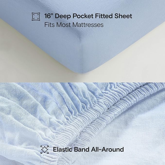 Sijo Stone Washed Organic French Linen Bed Sheet Set, GOTS Certified Organic, Best Cooling Linen Sheet Award by Sleep Foundation, 3 Piece - 2 Pillowcases and 1 Fitted Sheet (Sky, Queen)