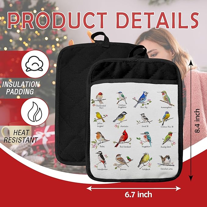 Birds on Branch Pot Holders with Pockets, Gifts for Bird Lovers, Bird Species Oven Pot Holders Heat Resistant Oven Mitts Hot Pads for Kitchen Baking Cooking, Set of 2