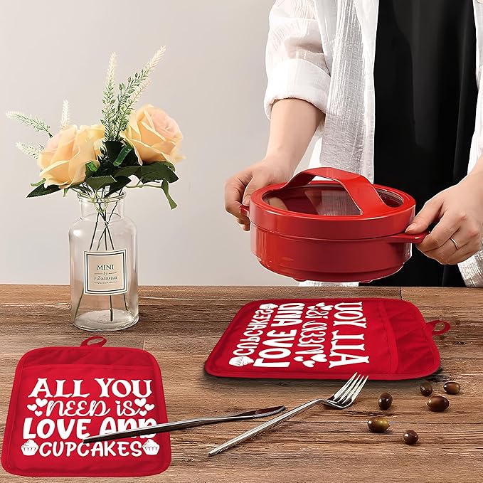 Red Christmas Pot Holders with Pockets, All You Need is Love and Cupcakes Christmas Holiday Oven Pot Holders Heat Resistant Oven Mitts Hot Pads for Kitchen Baking Cooking
