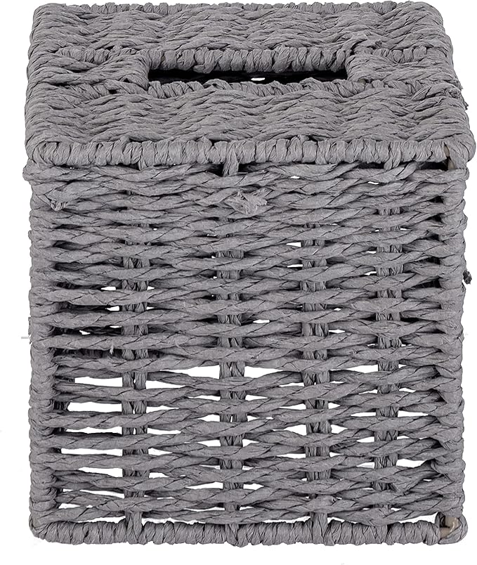 MyGift Gray Tissue Box Cover Square with Lid - Decorative Rattan Kleenex Holder, Woven Cube Tissue Holder for Bathroom Toilet Bedroom Living Room Kitchen Table Desk Office Car