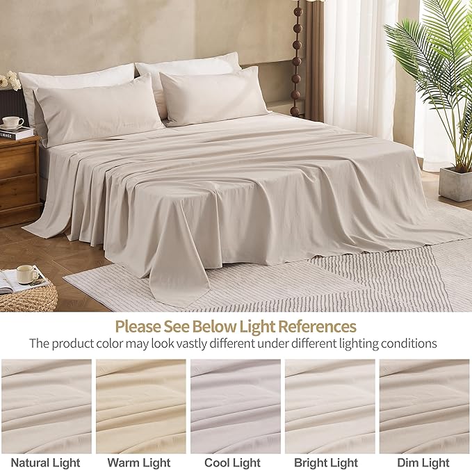 Simple&Opulence Belgian Linen Sheet Set Solid Color - 5 Pieces (1 Flat Sheet, 2 Fitted Sheets & 2 Pillowcases) Natural Flax Cotton Blend Soft Breathable Farmhouse Bedding - Split King Size, Linen