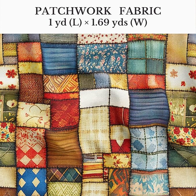 Patchwork Cotton Fabric Panel 61 x 36.6 Inches, Vintage Rustic Quilt Squares Design, 100% Cotton 140 GSM, Sewing Quilting Craft Fabric