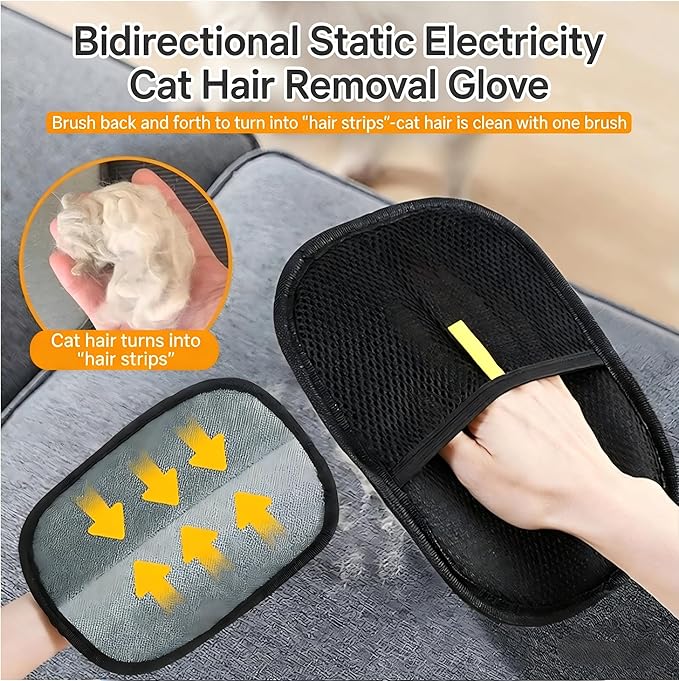 Pet Hair Removal Glove, 2 Pack Reusable Grooming Tool for Cats and Dogs, Hair Remover for Couch, Furniture, Carpet, Curtain, Black and Yellow