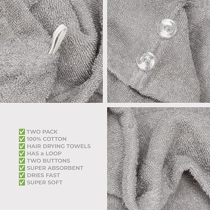 American Soft Linen 100% Cotton Hair Towels for Women, Head Towel Cap, Cotton Hair Turban Towel Wrap for Long Curly Anti Frizz Hair, Soft and Absorbent Cotton Hair Towels 2 Pack, Light Gray