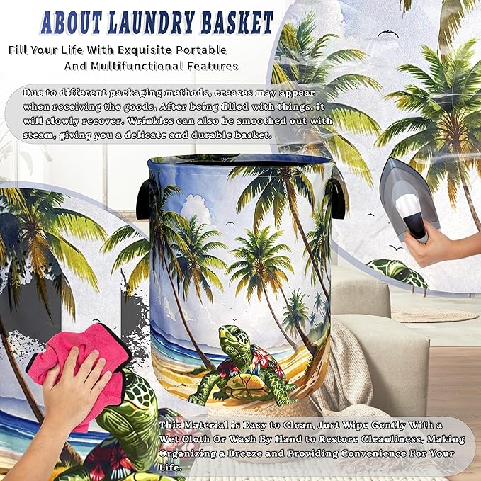 Hawaiian Beach Sea Turtle Laundry Basket Oxford Cloth Turtles Laundry Hamper With Handle Portable Clothes Storage Basket Foldable Funny Laundry Bag 18.9"x16.5" For Laundry Room/Bedroom/Bathrooms