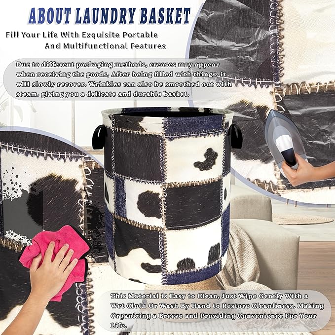 Cows Print With Denim Texture Laundry Hamper Foldable Oxford Cloth Animal Cow Laundry Basket With Handle Portable Clothes Storage Basket Laundry Bag 18.9"x16.5" For Laundry Room/Bedroom/Bathrooms