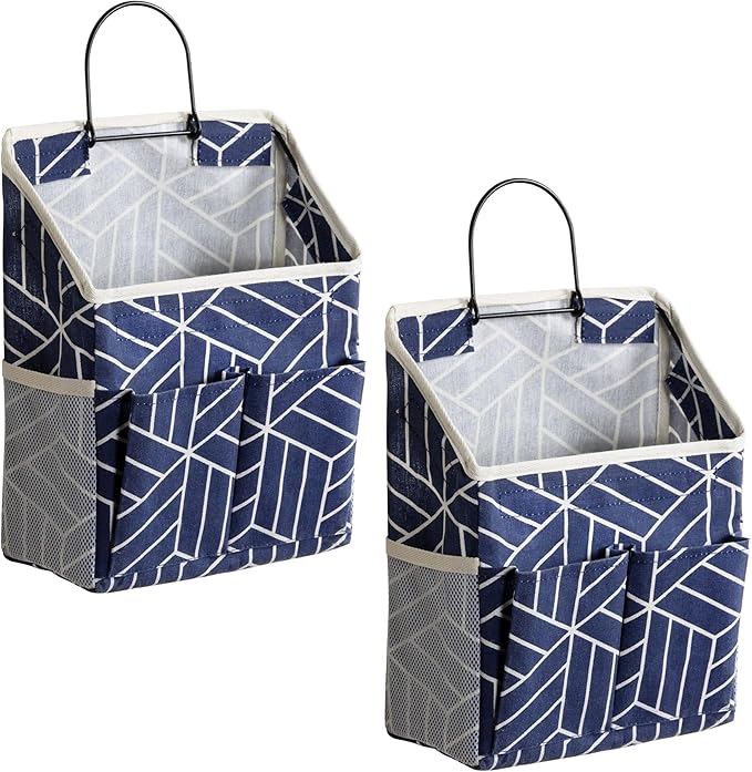 HZZTY BRNY 2pcs Wall Hanging Storage Bag, Small Door Closet Linen Fabric Pockets Organizer, Waterproof Multi Functional for Living Room Bedroom Bathroom Kitchen RV Camper with Hooks Pattern Navy
