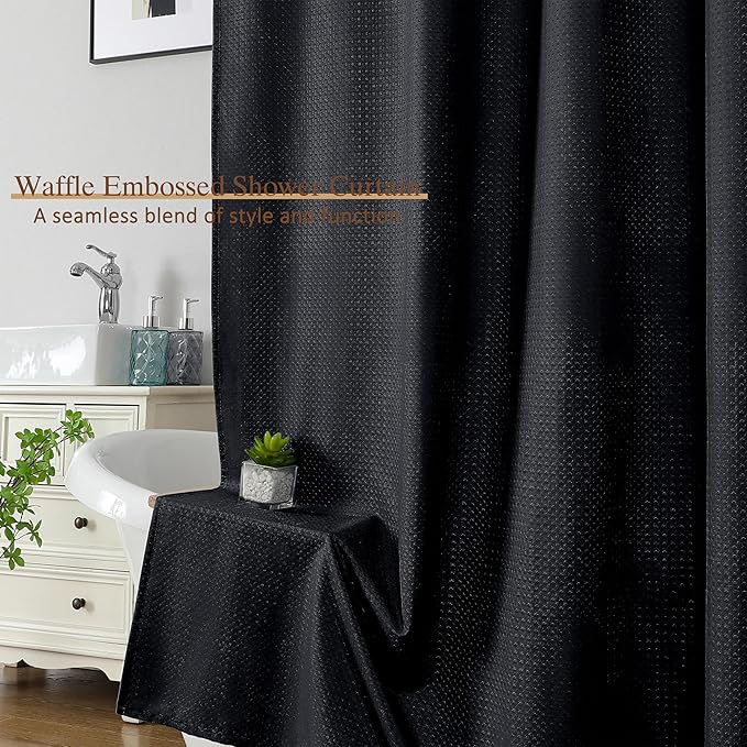 Ebesto Black Fabric Shower Curtain 78 Inch Length 1 Piece, Embossed Textured Waffle Cloth Shower Curtains for Bathroom Modern Hotel Spa, Water Resistant Machine Washable, 72Wx78L Inches