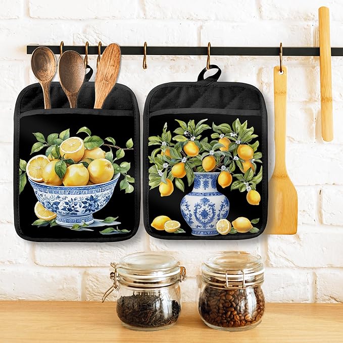 Chinoiserie Lemon Pot Holders with Pockets, Blue and White Grandmillennial Lemon Tree Oven Pot Holders Heat Resistant Oven Mitts Hot Pads for Kitchen Baking Cooking