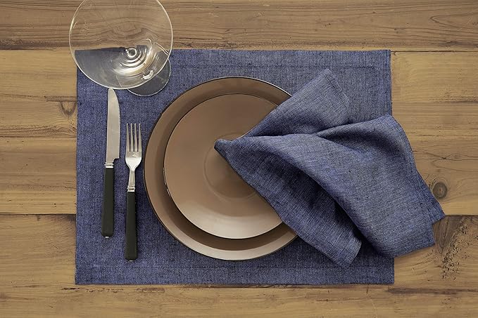 Solino Home Linen Cloth Napkins Set of 4-100% Pure Linen Chambray Navy Dinner Napkins 20 x 20 Inch for Winter, Spring - Athena, Handcrafted and Machine Washable