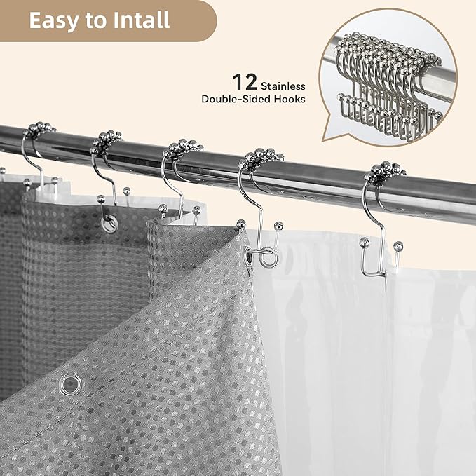 Lameirose 3 in 1 Shower Curtain Set, Waffle Shower Curtain and Liner Set with 12 Double Sided Shower Curtain Hooks, 72 x 84 Fabric Shower Curtains for Bathroom, Grey