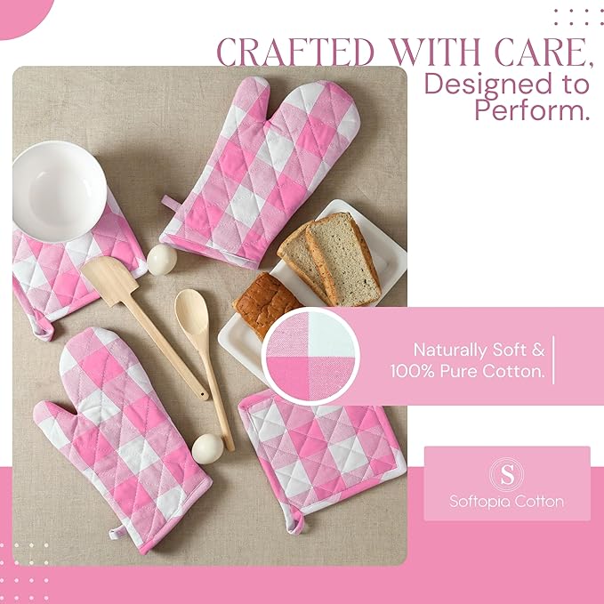Buffalo Plaid Check Oven Mitts and Pot Holders Set, 100% Cotton, Heat Resistant, 2 Oven Gloves (7x13 Inches) and 2 Hot Pads (8x8 Inches) for Cooking and Baking, Rose Pink White