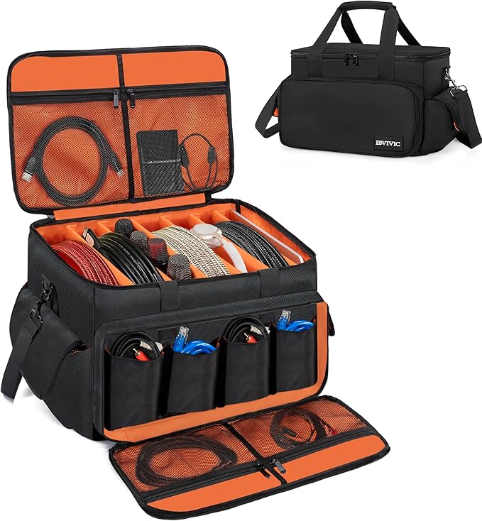 IBVIVIC DJ Cable File Bag with 6 Detachable Dividers High Capacity Gig Cable Bag for Cords,DJ Gear,Sound Instrument and Accessories