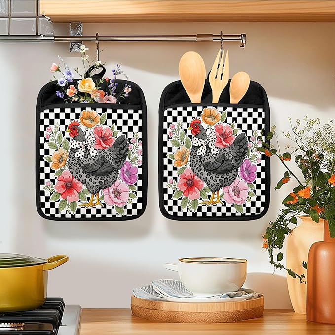 Trendy Floral Chicken Pot Holders for Kitchen, Chicken Lovers Mom Lady Gifts, Rustic Leopard Print Rooster Hen Heat Resistant Hot Pads and Oven Mitts for Baking Cooking