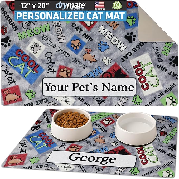 Drymate Personalized Pet Bowl Placemat, Custom Dog & Cat Food Feeding Mat - Absorbent Fabric, Waterproof Backing - Machine Washable/Durable (USA Made) (12" x 20") (Cool Cat - Grey)