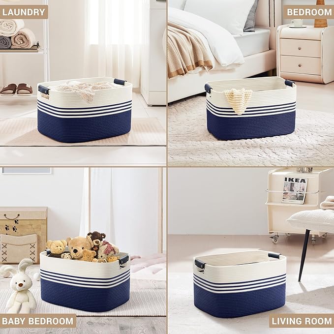 SunNewt 60L Large Laundry Basket with Leather Handles for Living Room Storage, Woven Rope Baskets Bin for Blanket, Kids Toy, Gifts, Wicker Hamper for Bedroom Dirty Clothes, 21"x15"x11" White Navy