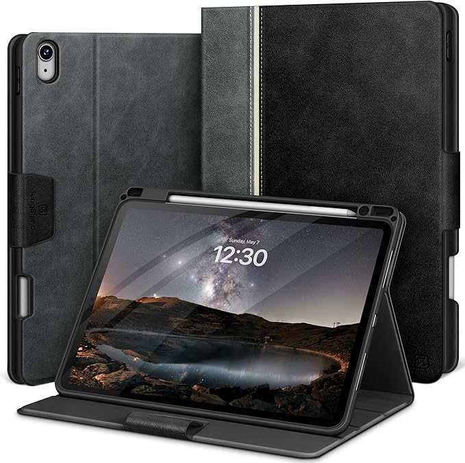 KingBlanc Case for iPad Air 13 inch (M3 2025/M2 2024) with Pencil Holder, Vegan Leather Protective Stand Cover, Auto Wake/Sleep, Multi-Angles for Viewing/Drawing, Supports Pencil Pro/(USB-C), Black
