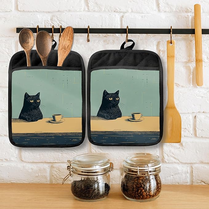Vintage Coffee Black Cat Pot Holders with Pockets, Cat Kitchen Decor, Retro Quirky Black Kitten Oven Pot Holders Heat Resistant Oven Mitts Hot Pads for Kitchen Baking Cooking