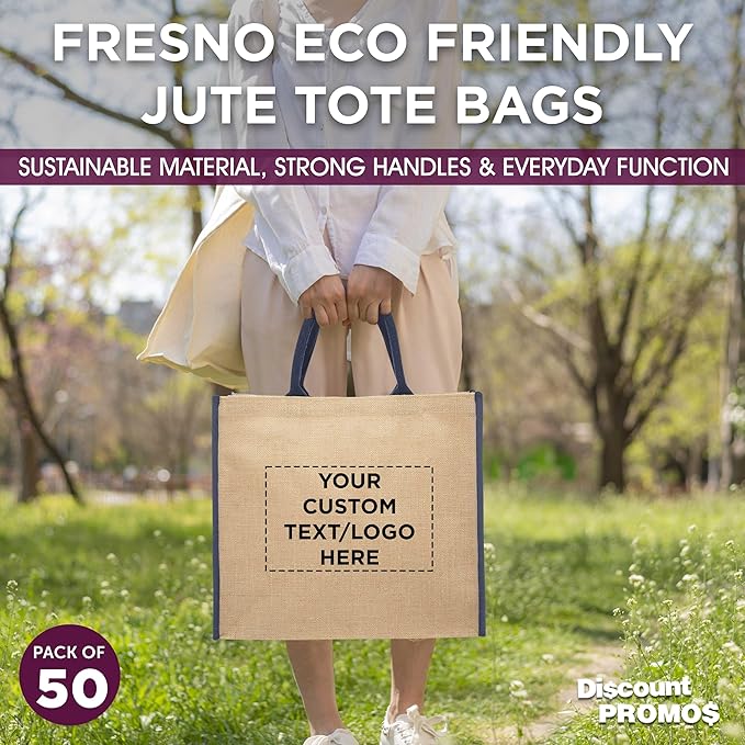 DISCOUNT PROMOS Custom Fresno Eco Friendly Jute Tote Bags Set of 50, Personalized Bulk Pack - Reusable, Great for Tradeshows, Grocery, Shopping and Outdoor Events - Blue