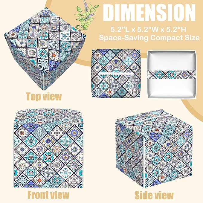 BLYKVGHQ Square Tissue Box Cover Vintage Ceramic Tiles Tissue Box Holder Facial Cube Paper Dispenser Leather Decorative Organizer Home Office Desk Decor, 5.2"x5.2"x5.2"