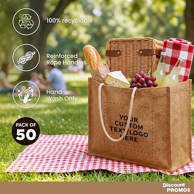DISCOUNT PROMOS Custom Jute Bags with Rope Handle Set of 50, Personalized Bulk Pack - Reusable, Great for Shopping, Grocery, Promotional or Tradeshow - Natural