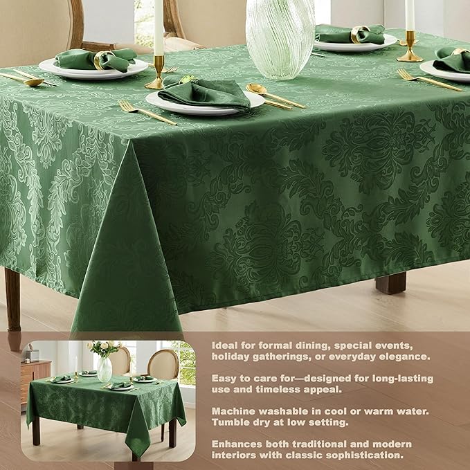 Newbridge Barcelona Damask Fabric Tablecloth, 52 x 70 Inch Rectangle, Hunter Green – No Iron, Soil Resistant Table Cover for Dining, Parties and Holidays