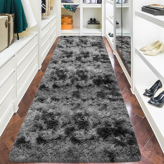 3x10ft Plush High Pile Black Tie-Dyed Rug Fluffy Soft Runner Bedside Rug for Bedroom Living Room Hallway Nursery Kids Home Decor Shag Carpet