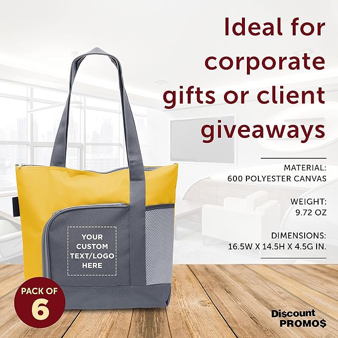 DISCOUNT PROMOS Custom Go Getter Sport Tote Beach Bags Set of 6, Personalized Bulk Pack - Reusable, Great for Shopping, Beach, Picnic, Other Outdoor Adventure - Yellow