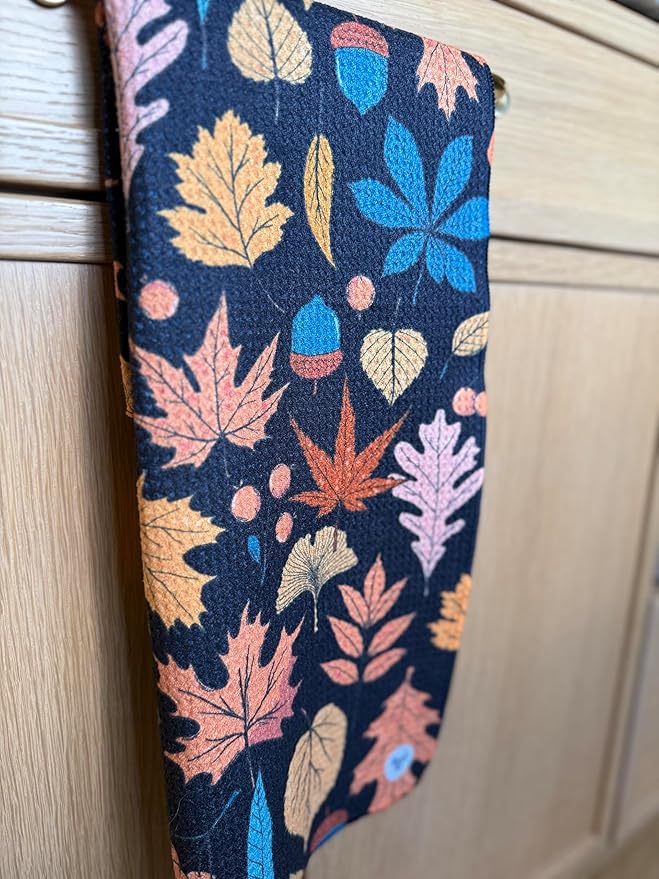 Desert Aqua 2 Pack || Double Sided|| Not Your Ordinary Kitchen Towels || Dish Towels || Quick Dry || Waffle Weave Microfiber || Designer Prints || Highly Absorbent || Hanging Hook (Fall Leaves Black)