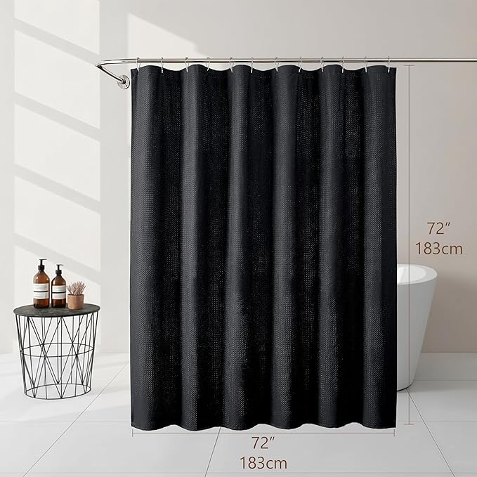 EBESTO Black Shower Curtain 72 Inch Length 1 Piece, Waffle Embossed Textured Soft Fabric Hotel Shower Curtain for Bathroom, Modern Polyester Water Repellent Machine Washable Bath Decor, 72Wx72L Inches