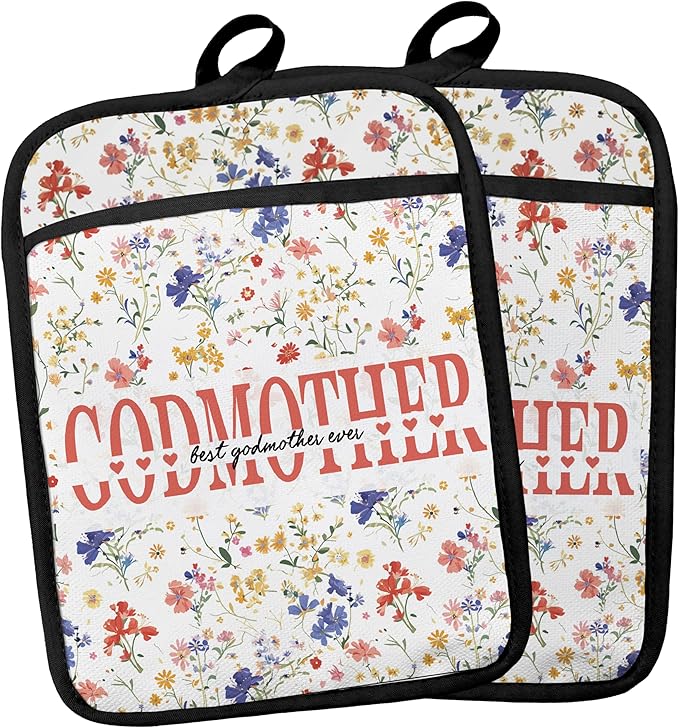 Godmother Gifts Floral Pot Holders, Mother's Day Birthday Gifts for Godmother from Grandkids Grandsons Granddaughters Canvas Pot Holders for Women,Potholders for Kitchens
