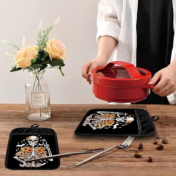 Halloween Sunflower Skeleton Pot Holders with Pockets, Funny Halloween Skull Bat Sunflower Oven Pot Holders Heat Resistant Oven Mitts Hot Pads for Kitchen Baking Cooking