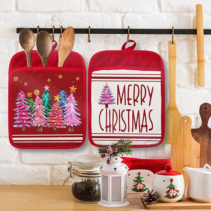 Red Merry Christmas Tree Pot Holders with Pockets, Holiday Winter Snowflake Colorful Christmas Tree Oven Pot Holders Heat Resistant Oven Mitts Hot Pads for Kitchen Baking Cooking, Set of 2
