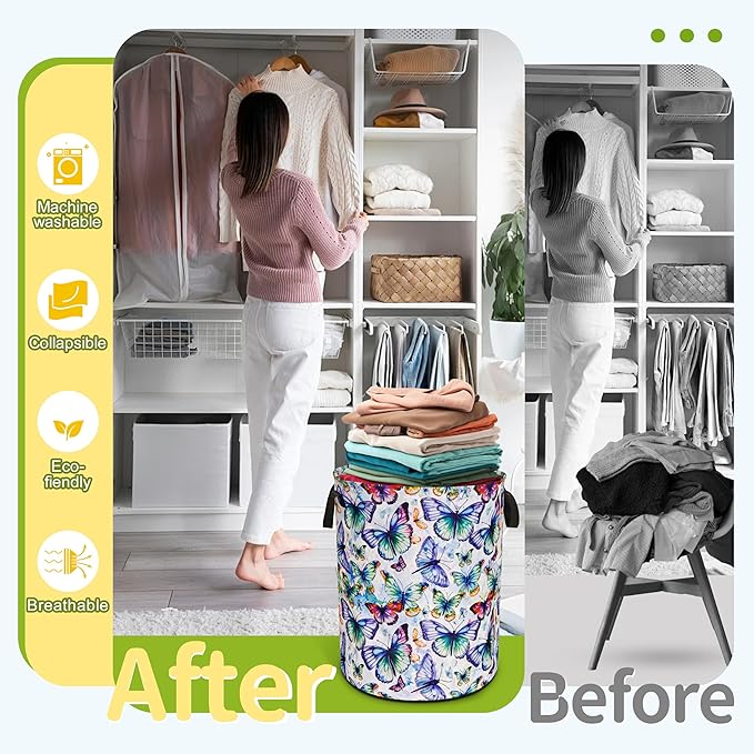 Colorful Butterfly Laundry Basket Funny Foldable Waterproof Oxford Cloth Tote Bag Laundry Hamper Round Large Clothes Storage Bucket Toy Organizer For Bathroom/Laundry Storage/Bedroom 18.9x16.5 Inch